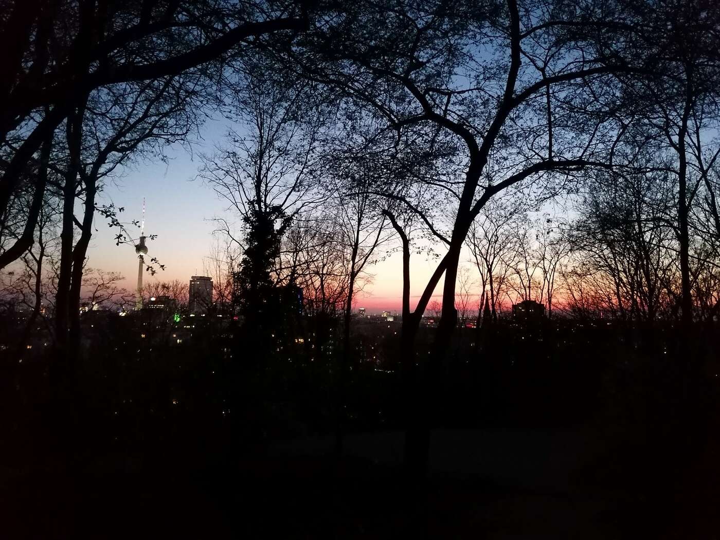 Ein Sonnenuntergang von einem Hügel aus im Berliner Stadtpark Friedrichshain