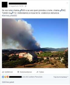 Dieser Facebookpost ruft dazu auf Brände zu melden und auch deren Brandstifter.