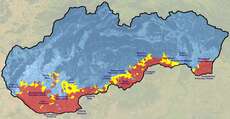 Anteil der Ungarn in slowakischen Orten: rot = 50-100%; gelb = 10-50%; blau = weniger als 10%